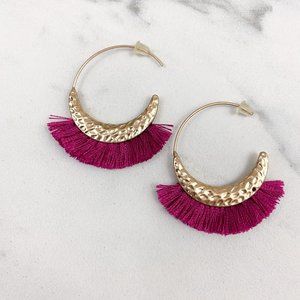 Gold Magenta Open Hoop Moon Shaped Embossed Earrings